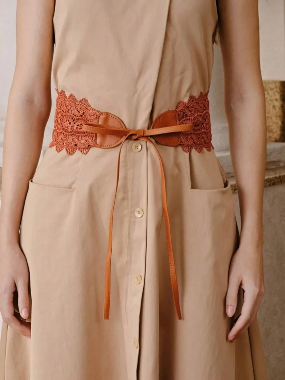 Rust Brown Crochet Lace Waist Belt with Tie Straps